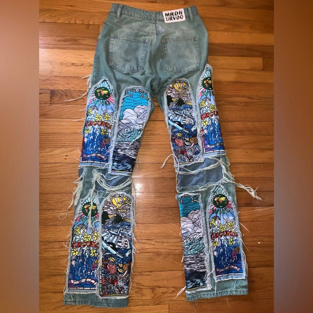 WHO DECIDES WAR PANTS GREEN SANDY WAR FUSION EMBROIDERED JEANS WAIST 28 MRDR BRA